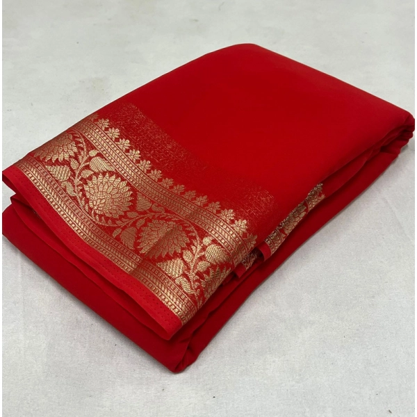 Dropship Women's Crepe Chit Pallu Solid Saree With Unstitched Blouse 5.5Mtr (Red)