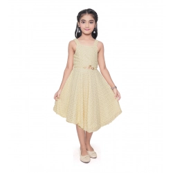 Girl's Shiffon Chicken Printed Sleeve Less Round Neck Dress (Yellow)