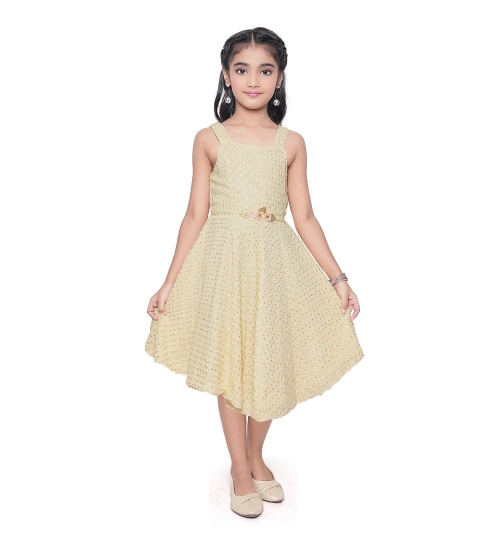 Girl's Shiffon Chicken Printed Sleeve Less Round Neck Dress (Yellow)