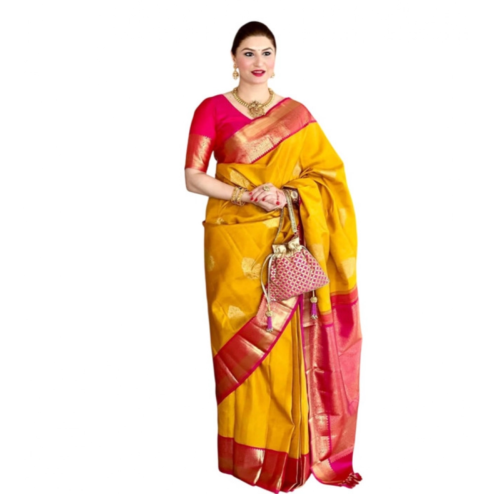 Women's Litchi silk Printed Saree With Unstitched Blouse (Yellow) Women's Litchi silk Printed Saree With Unstitched Blouse (Yellow)