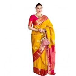 Women's Litchi silk Printed Saree With Unstitched Blouse (Yellow)