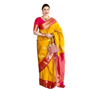 Generic Women's Litchi silk Printed Saree With Unstitched Blouse (Yellow)