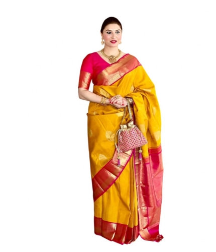 Women's Litchi silk Printed Saree With Unstitched Blouse (Yellow)