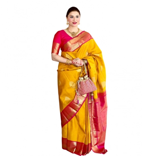 Women's Litchi silk Printed Saree With Unstitched Blouse (Yellow)