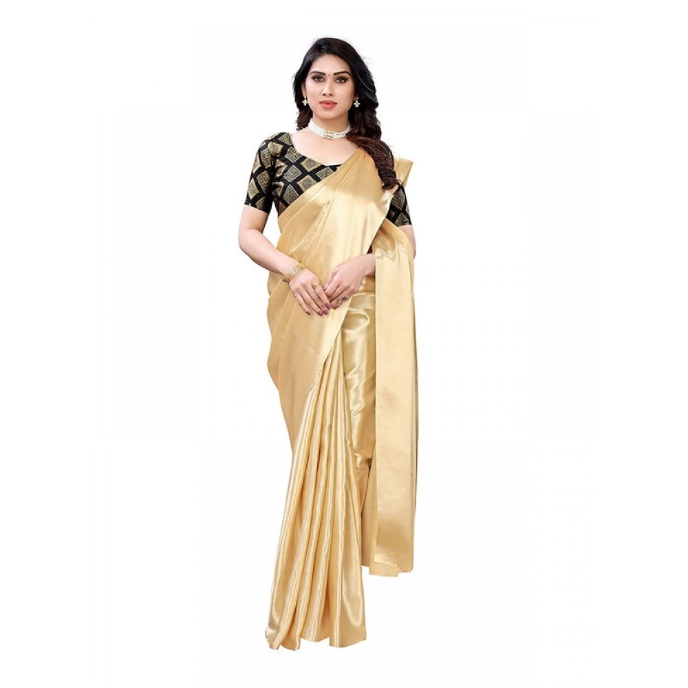 Women's Satin Printed Saree With Unstitched Blouse 5.5Mtr (Chiku)
