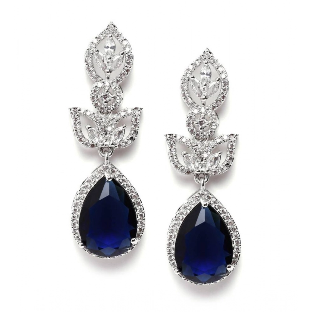 Women's Brass Silver Plated Drop Earrings (Blue)