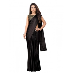 Women's Satin Printed Saree With Unstitched Blouse 5.5Mtr (Black)