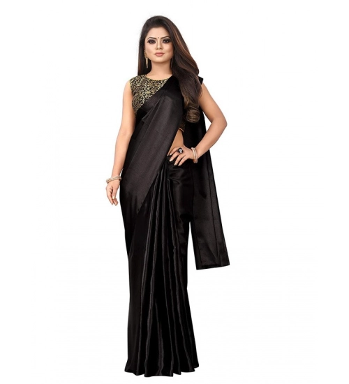 Women's Satin Printed Saree With Unstitched Blouse 5.5Mtr (Black)
