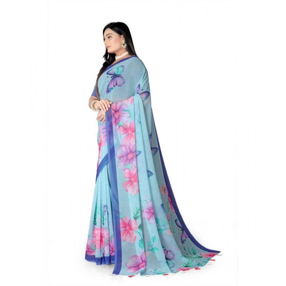 Women's Georgette Floral Printed Saree With Unstitched Blouse 5.5Mtr (Blue) Women's Georgette Floral Printed Saree With Unstitched Blouse 5.5Mtr (Blue)