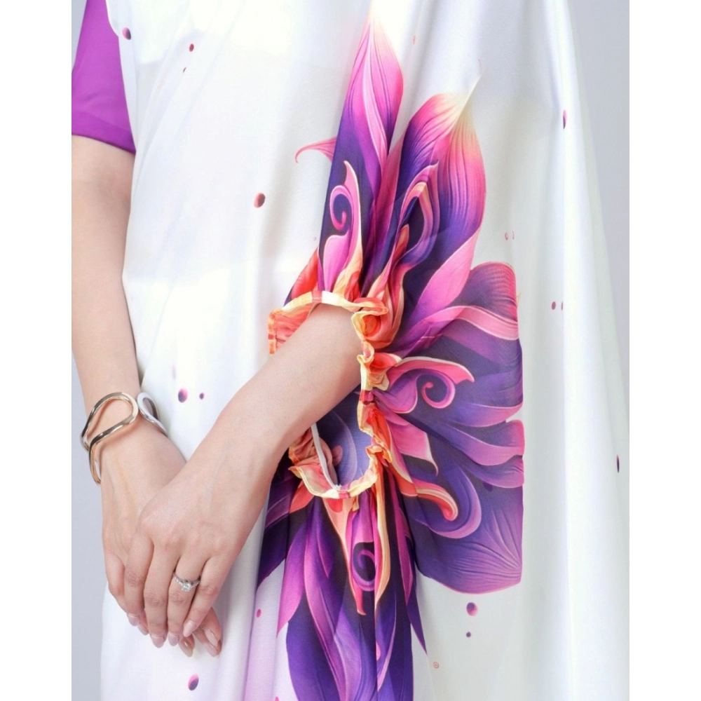 Women's Soft Crepe Silk Printed Ready To Wear Saree With Unstitched Blouse 5.5Mtr (Purple)