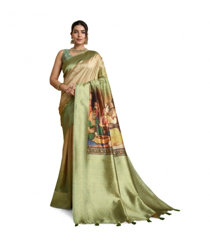 Women's Silk Printed Saree With Unstitched Blouse 5.5Mtr (Mehendi)