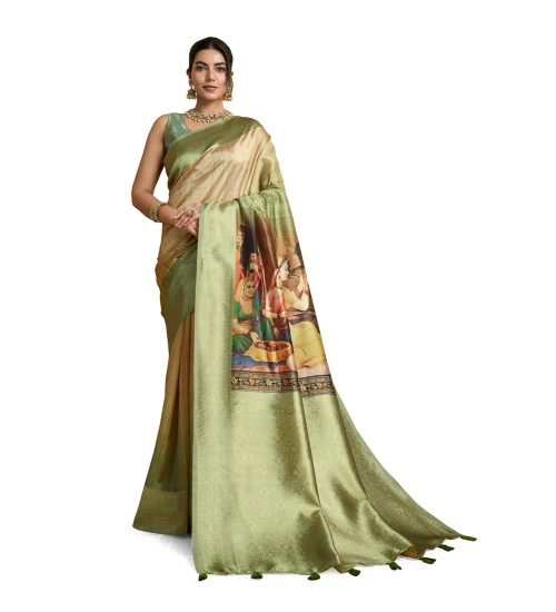 Women's Silk Printed Saree With Unstitched Blouse 5.5Mtr (Mehendi)