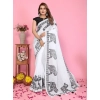 Women's Linen Cotton Printed Saree With Unstitched Blouse 5.5Mtr (White)