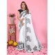 Women's Linen Cotton Printed Saree With Unstitched Blouse 5.5Mtr (White)
