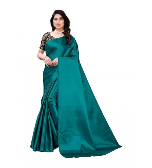 Women's Satin Printed Saree With Unstitched Blouse 5.5Mtr (Teal)