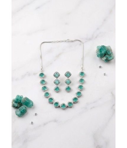 Women's Brass Silver Plated Necklace set (Green)