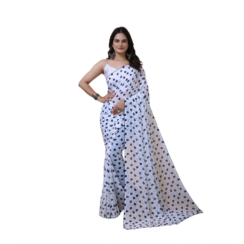 Women's Georgette Printed Saree With Unstitched Blouse 5.5Mtr (White-Blue) Women's Georgette Printed Saree With Unstitched Blouse 5.5Mtr (White-Blue)