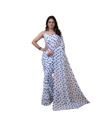 Women's Georgette Printed Saree With Unstitched Blouse 5.5Mtr (White-Blue)