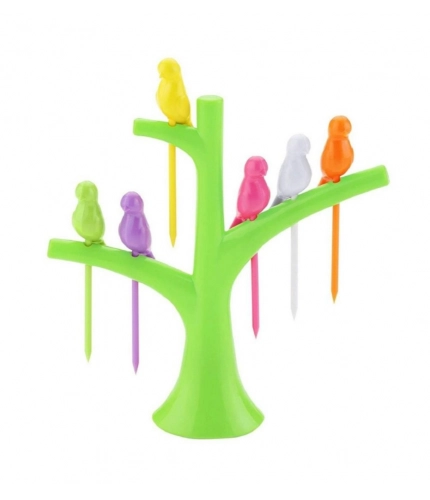 Pack of 10_Bird Tree Fruit Fork Set Decorative Toothpick Holder (Color: Assorted )