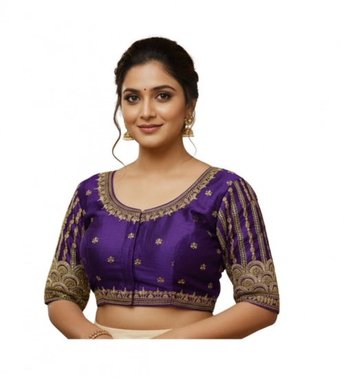 Women's Phantom Silk Embroidered Designer Neck Padded Blouse (Purple 38 Ready (Alterable up to 42)