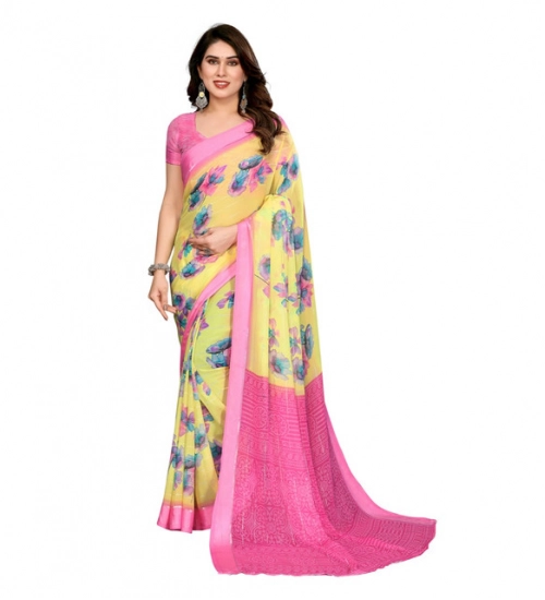 Women's Georgette Printed Saree With Unstitched Blouse 5.5Mtr (Yellow)
