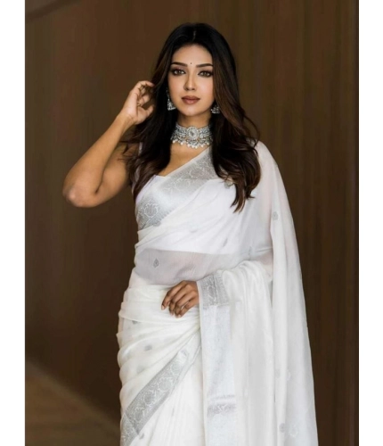 Women's Soft Lichi Silk Printed Saree With Unstitched Blouse 5.5Mtr (White) Women's Soft Lichi Silk Printed Saree With Unstitched Blouse 5.5Mtr (White)