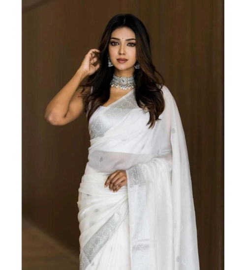 Women's Soft Lichi Silk Printed Saree With Unstitched Blouse 5.5Mtr (White)