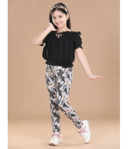 Girl's Cotton Lycra Floral Elasticated Jeggings (Multicolor)