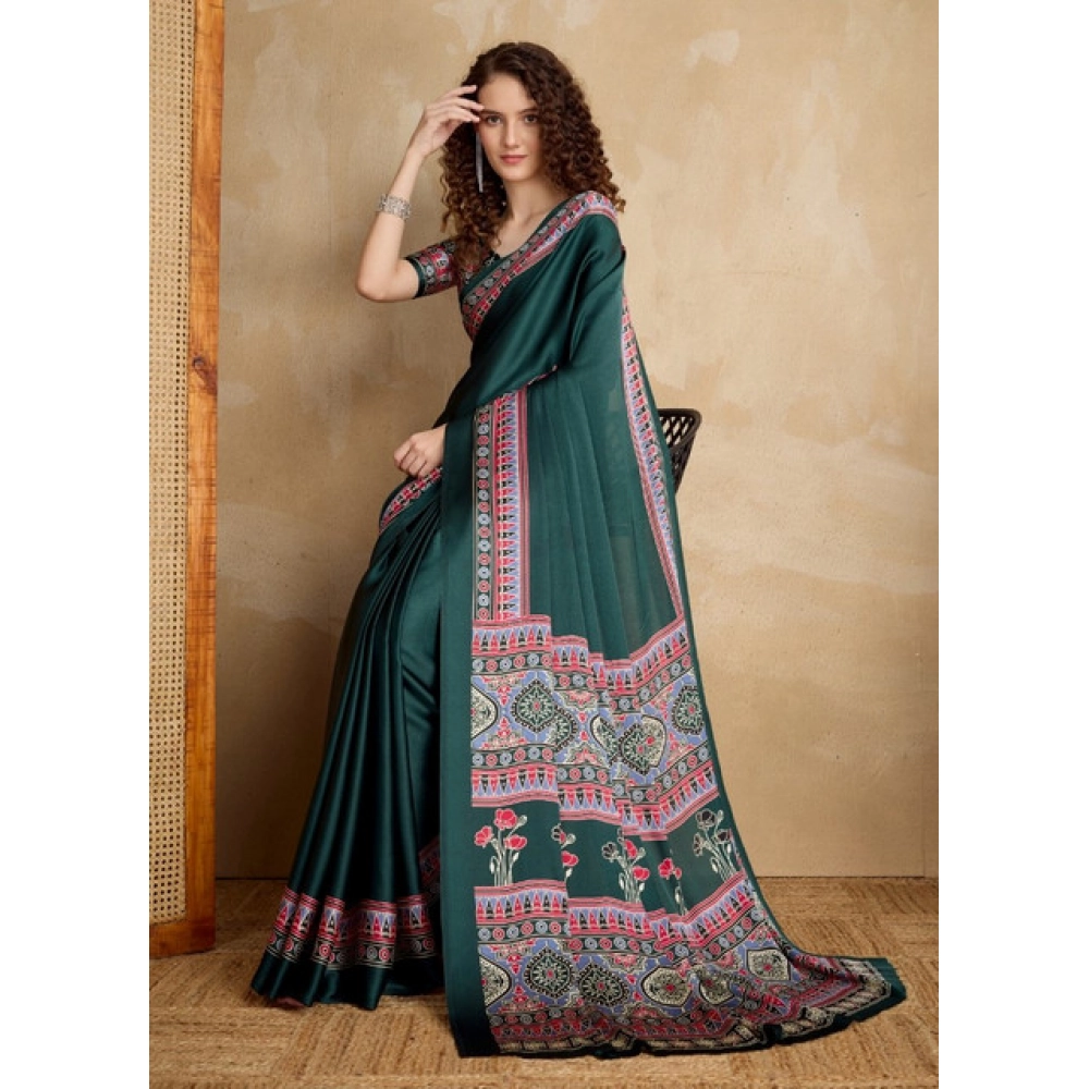 Women's Satin Crepe Printed Saree With Unstitched Blouse 5.5Mtr (Green)