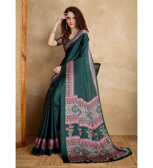 Women's Satin Crepe Printed Saree With Unstitched Blouse 5.5Mtr (Green)