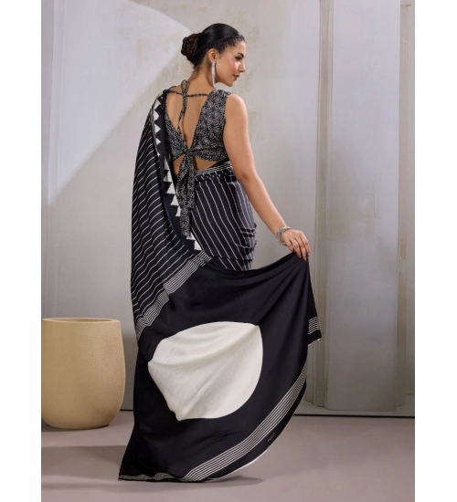 Women's Satin Crepe Printed Saree With Unstitched Blouse 5.5Mtr (Black)