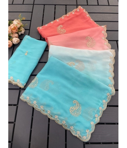 Women's Digital Printed  Geogette Saree With Unstitched Blouse (Blue, 5-6 Mtrs)