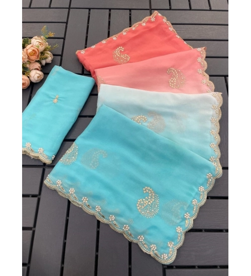 Women's Digital Printed  Geogette Saree With Unstitched Blouse (Blue, 5-6 Mtrs)