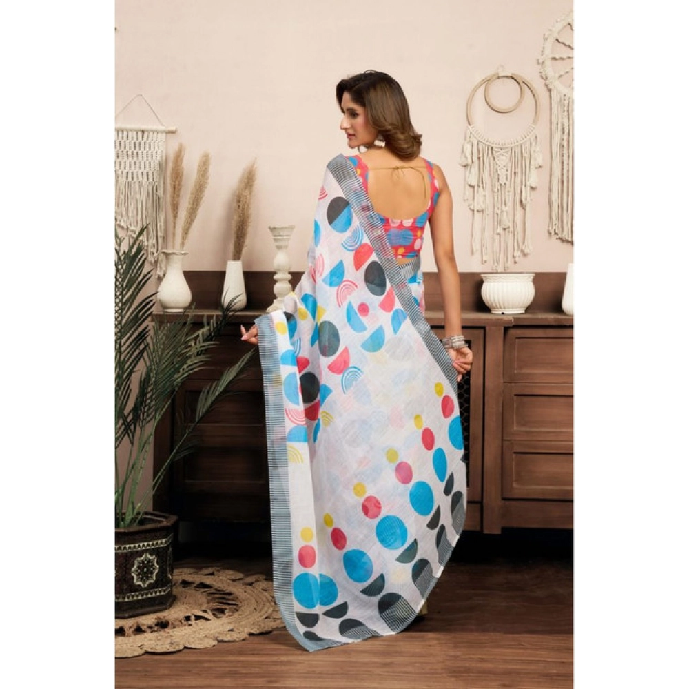 Women's Linen Cotton Printed Ready To Wear Saree With Unstitched Blouse 5.5 Mtr (Multicolor)