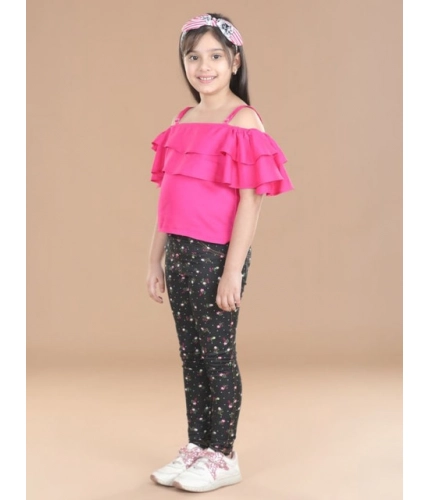 Girl's Cotton Floral Elasticated Jegging and Top Set (Pink)