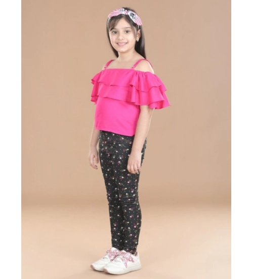 Girl's Cotton Floral Elasticated Jegging and Top Set (Pink)