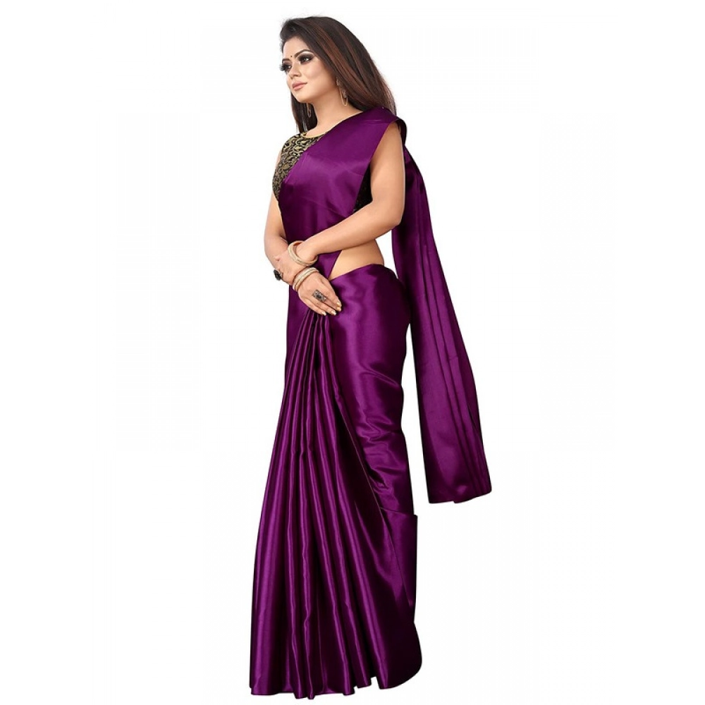 Women's Satin Printed Saree With Unstitched Blouse 5.5Mtr (Wine)