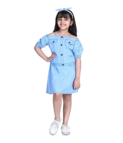 Girl's Denim Solid Cold Shoulder Top and Skirt Set (Light Blue)