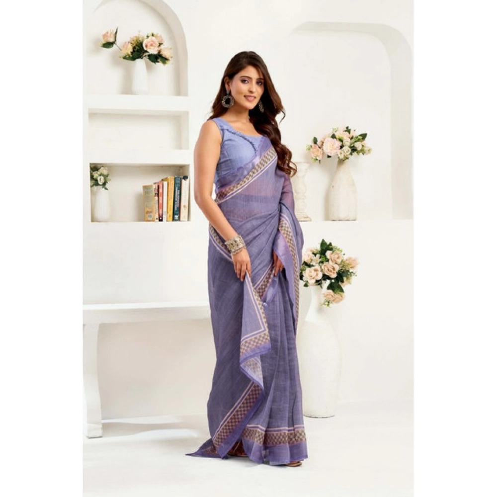 Women's Linen Cotton Printed Ready To Wear Saree With Unstitched Blouse 5.5 Mtr (Light_Lavender)