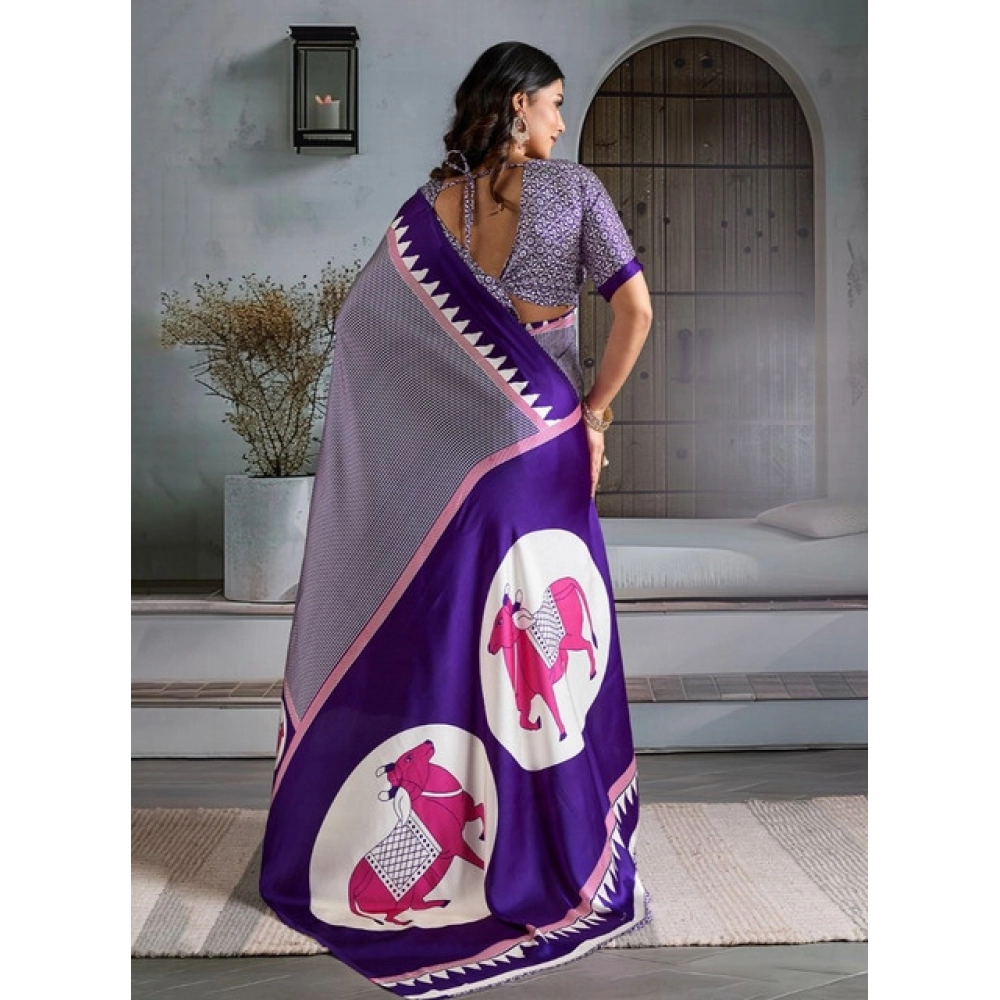 Women's Satin Crepe Printed Saree With Unstitched Blouse 5.5Mtr (Blue)