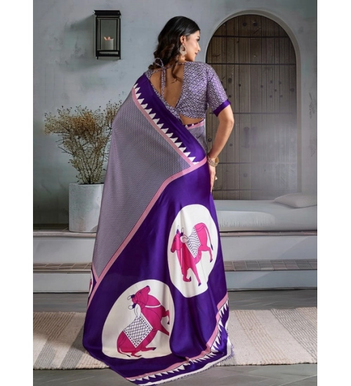 Women's Satin Crepe Printed Saree With Unstitched Blouse 5.5Mtr (Blue)