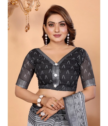 Women's Linen Cotton Printed Saree With Unstitched Blouse 5.5Mtr (White-Black)