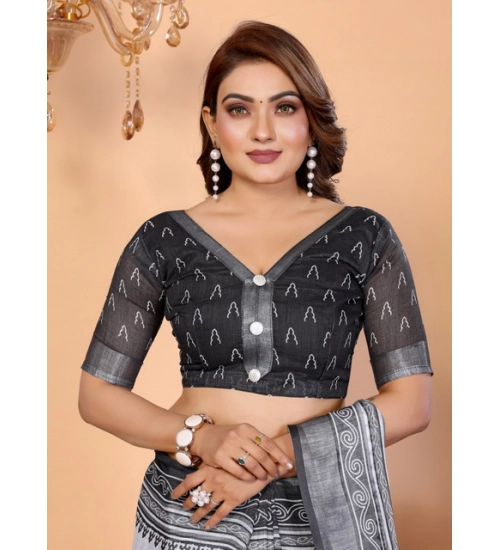 Women's Linen Cotton Printed Saree With Unstitched Blouse 5.5Mtr (White-Black)