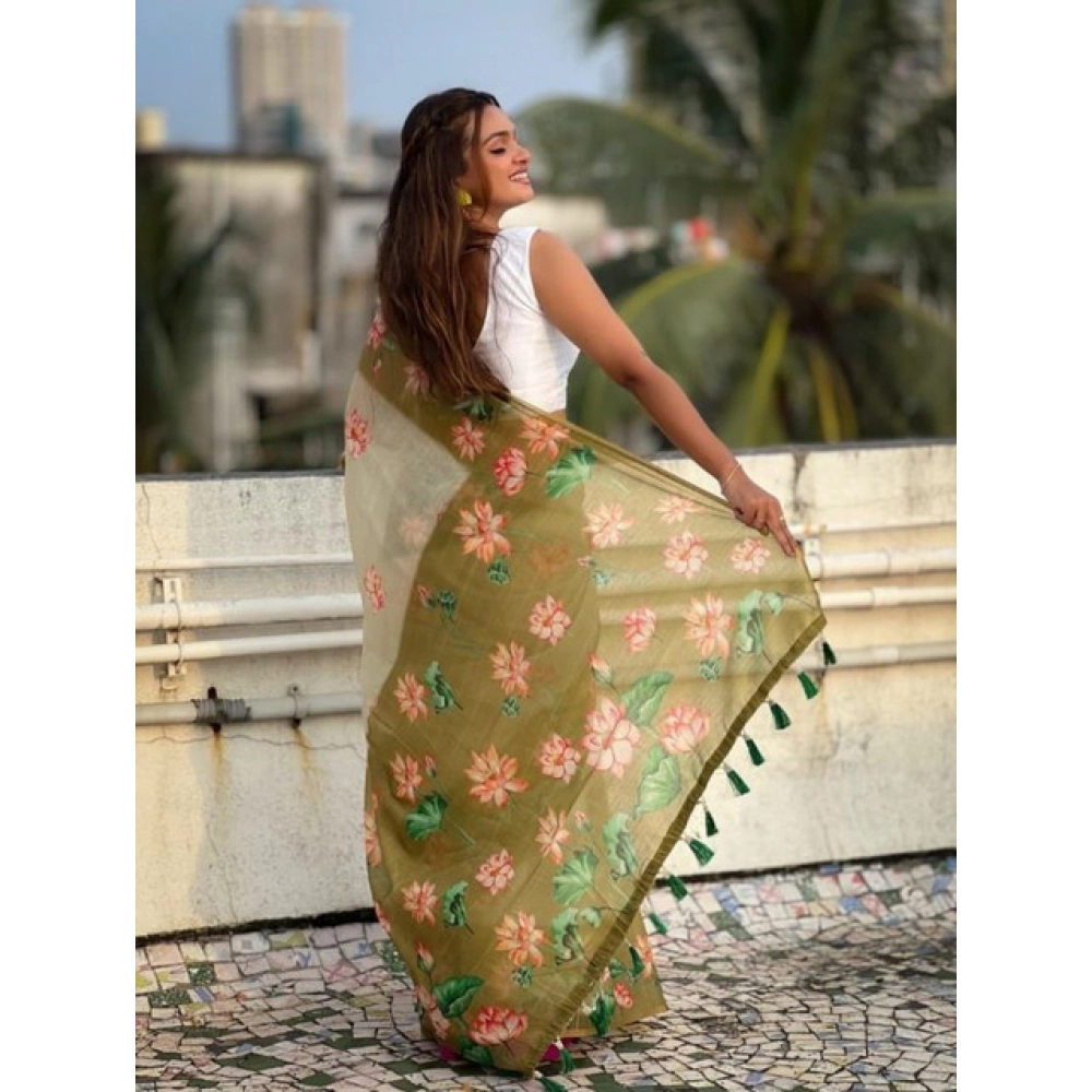 Women's Linen Printed Saree With Unstitched Blouse 5.5Mtr (Mahendi) Women's Linen Printed Saree With Unstitched Blouse 5.5Mtr (Mahendi)