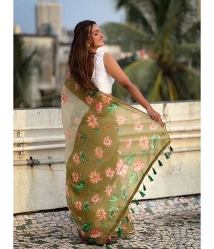Women's Linen Printed Saree With Unstitched Blouse 5.5Mtr (Mahendi)