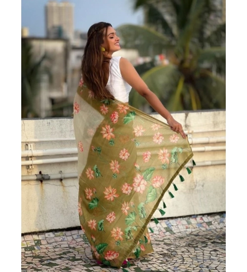 Women's Linen Printed Saree With Unstitched Blouse 5.5Mtr (Mahendi) Women's Linen Printed Saree With Unstitched Blouse 5.5Mtr (Mahendi)