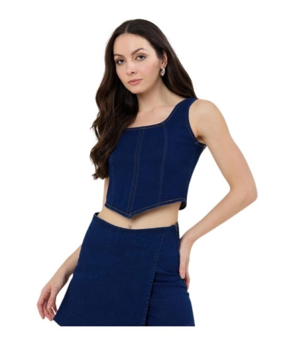Women's Denim Lycra Solid Sleeveless Top (Blue)