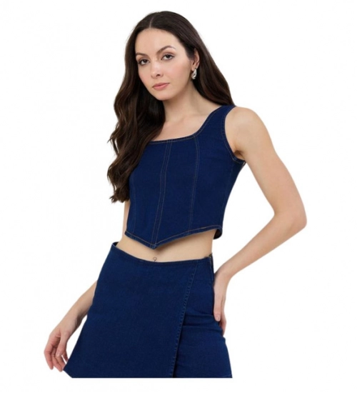 Women's Denim Lycra Solid Sleeveless Top (Blue)