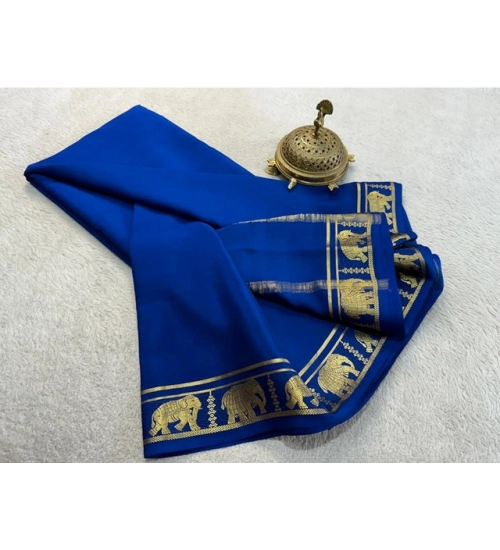 Women's Crepe Chit Pallu Solid Saree With Unstitched Blouse 5.5Mtr (Navy Blue)