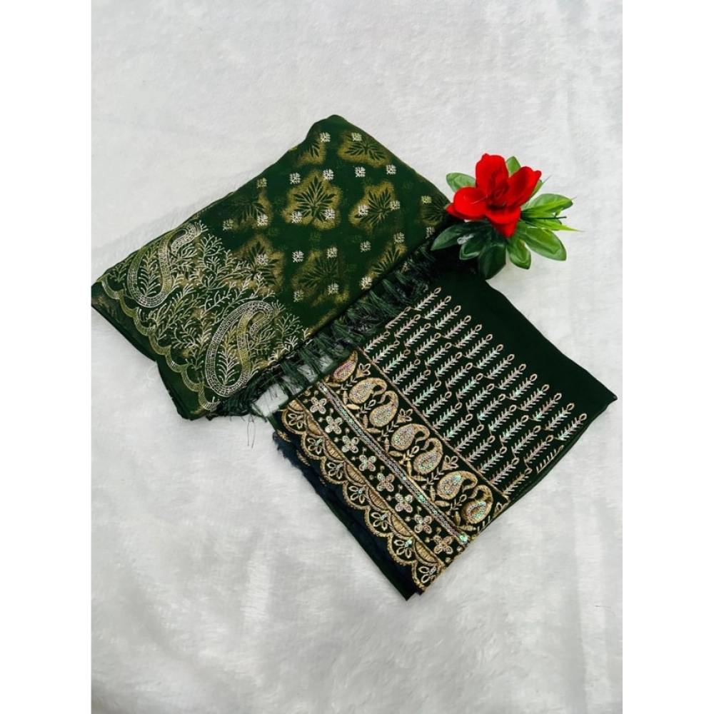 Women's Embroidered Georgette Saree With Unstitched Blouse (Dark Green, 5-6 Mtrs)